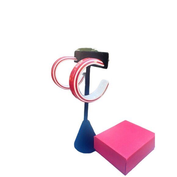 Red & White Acrylic Hoop Earrings With Matching Winter-Themed Stud Set For Women - Picture 3 of 6